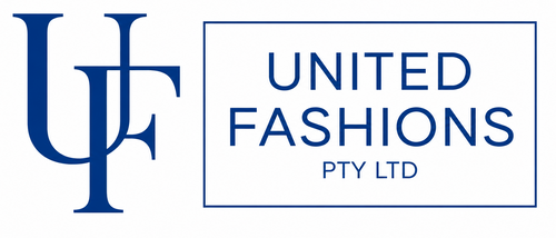 United Fashions Pty Ltd logo featuring a stylized blue 'UF' monogram and the text 'UNITED FASHIONS PTY LTD' inside a thin blue rectangular border, on a white background.